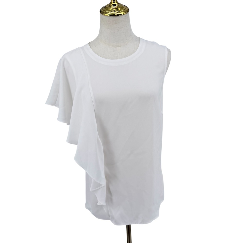 BCBGMAXAZRIA Blouse Women XS White Ruffle Sleeveless Asymmetrical